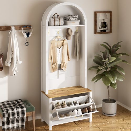 Vestiaire Avec Range-chaussures-étagère Et Patères-meuble D'entrée-structure Robuste En Bois-blanc