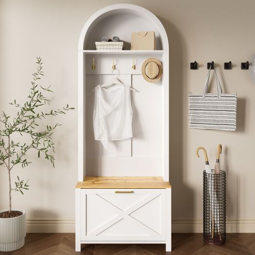 Vestiaire Avec Range-chaussures-étagère Et Patères-meuble D'entrée-structure Robuste En Bois-blanc
