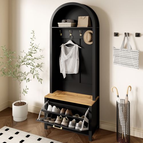 Vestiaire Avec Range-chaussures-étagère Et Patères-meuble D'entrée-structure Robuste En Bois-noir