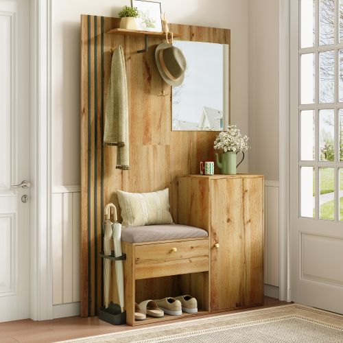 Ensemble Armoire Avec Porte-parapluies-meuble D'entrée Et Coussin-meuble à Chaussures-naturel