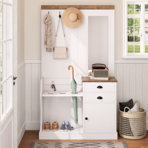 Ensemble Armoire-meuble D'entrée Avec Miroir, Crochets, Tiroirs Et Porte-parapluies-vestiaire-blanc