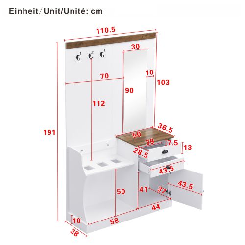 Ensemble Armoire-meuble D'entrée Avec Miroir, Crochets, Tiroirs Et Porte-parapluies-vestiaire-blanc