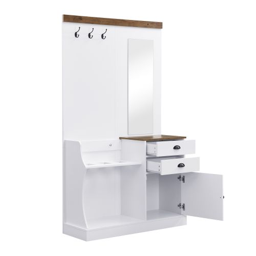 Ensemble Armoire-meuble D'entrée Avec Miroir, Crochets, Tiroirs Et Porte-parapluies-vestiaire-blanc