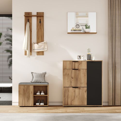 Ensemble Armoire D'entrée-fixé Au Mur-avec Un Banc à Chaussures Et Un Meuble à Chaussures-naturel