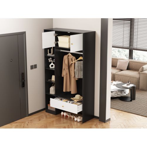 Armoire D'entrée 105 X 185 X 40cm-2 Portes, 6 Étagères-tringle Et Tiroir-noir Et Blanc