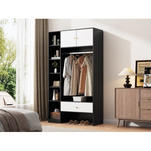 Armoire D'entrée 105 X 185 X 40cm-2 Portes, 6 Étagères-tringle Et Tiroir-noir Et Blanc