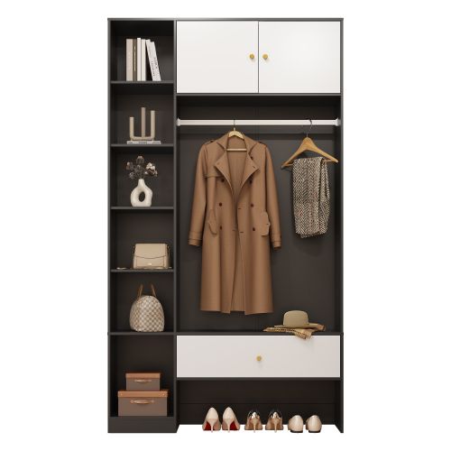 Armoire D'entrée 105 X 185 X 40cm-2 Portes, 6 Étagères-tringle Et Tiroir-noir Et Blanc