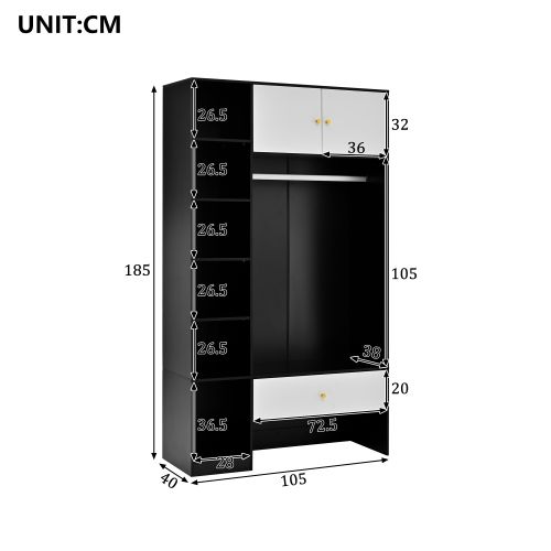 Armoire D'entrée 105 X 185 X 40cm-2 Portes, 6 Étagères-tringle Et Tiroir-noir Et Blanc