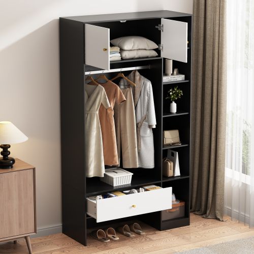 Armoire D'entrée 105 X 185 X 40cm-2 Portes, 6 Étagères-tringle Et Tiroir-noir Et Blanc