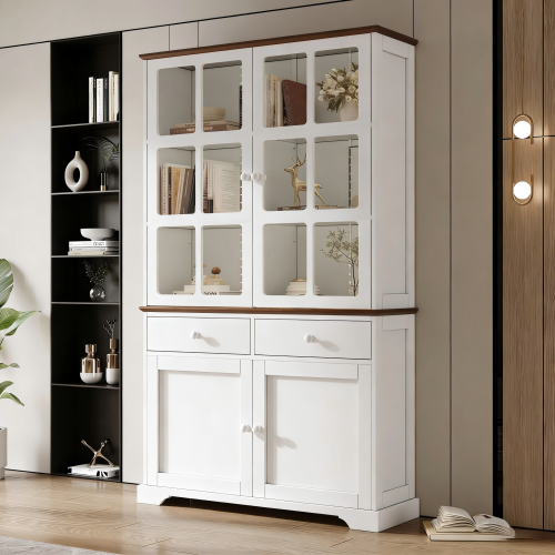 Vitrine LED H200 Cm-avec 2 Tiroirs Et 4 Portes-meuble Haut-armoire En Verre-blanc