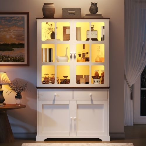 Vitrine LED H200 Cm-avec 2 Tiroirs Et 4 Portes-meuble Haut-armoire En Verre-blanc