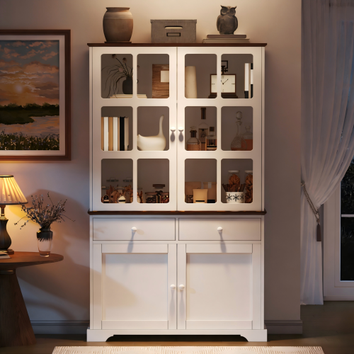 Vitrine LED H200 Cm-avec 2 Tiroirs Et 4 Portes-meuble Haut-armoire En Verre-blanc