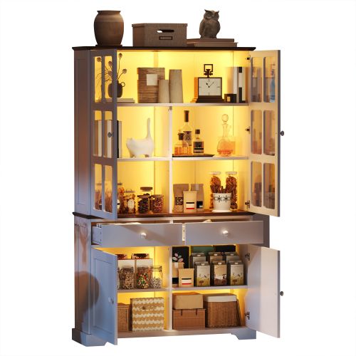 Vitrine LED H200 Cm-avec 2 Tiroirs Et 4 Portes-meuble Haut-armoire En Verre-blanc
