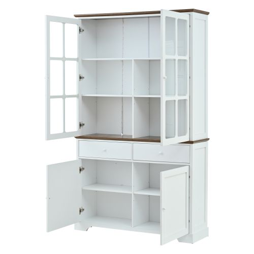 Vitrine LED H200 Cm-avec 2 Tiroirs Et 4 Portes-meuble Haut-armoire En Verre-blanc