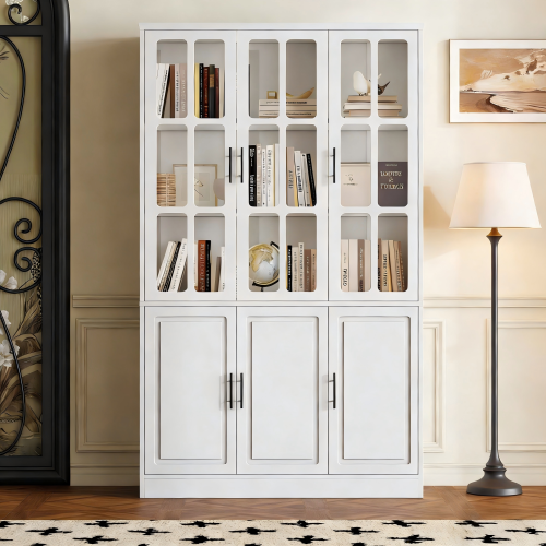 Vitrine LED H200 Cm-meuble Sur Pied à 6 Portes-meuble De Salon Avec Séparateur Ajustable-blanc