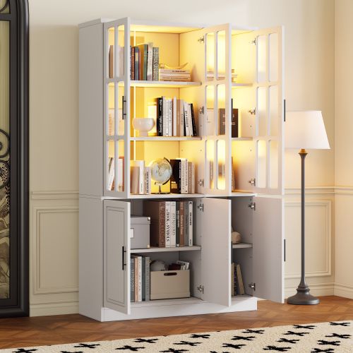 Vitrine LED H200 Cm-meuble Sur Pied à 6 Portes-meuble De Salon Avec Séparateur Ajustable-blanc