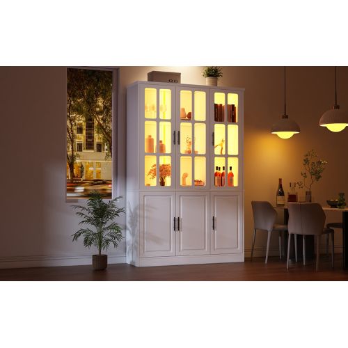 Vitrine LED H200 Cm-meuble Sur Pied à 6 Portes-meuble De Salon Avec Séparateur Ajustable-blanc