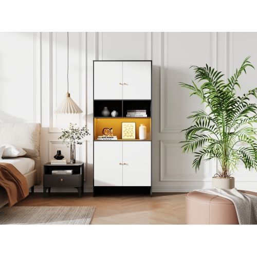 Armoire à 4 Portes Et 3 Compartiments Ouverts-meuble De Rangement En Bois-noir Et Blanc