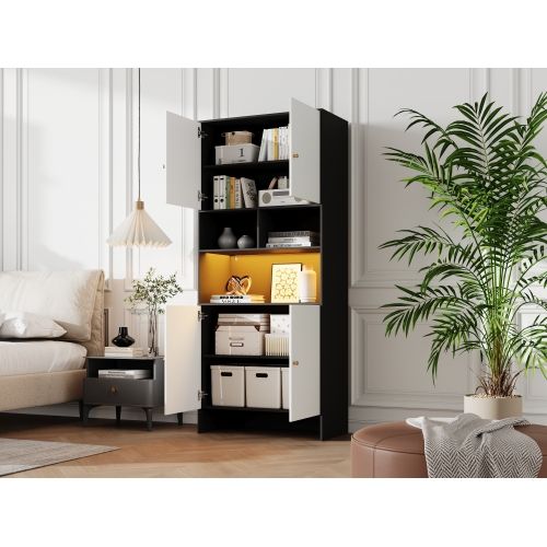 Armoire à 4 Portes Et 3 Compartiments Ouverts-meuble De Rangement En Bois-noir Et Blanc