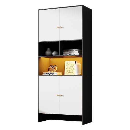 Armoire à 4 Portes Et 3 Compartiments Ouverts-meuble De Rangement En Bois-noir Et Blanc