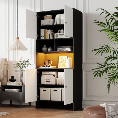 Armoire à 4 Portes Et 3 Compartiments Ouverts-meuble De Rangement En Bois-noir Et Blanc
