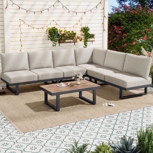 Ensemble Meuble De Jardin 6 Places-lit De Jardin Inclinable-coussin D'assise Épais 14 Cm-gris-beige