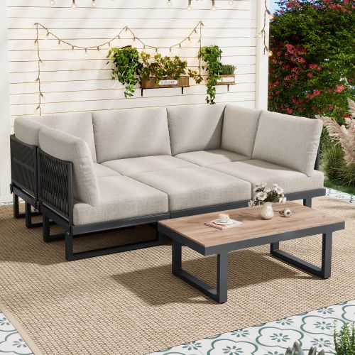 Ensemble Meuble De Jardin 6 Places-lit De Jardin Inclinable-coussin D'assise Épais 14 Cm-gris-beige