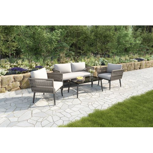 Ensemble Meuble De Jardin-avec Coussins Confortables-plateau En Verre Noir-résistant Aux Uv-gris