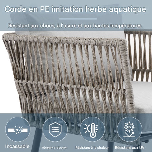 Ensemble Meuble De Jardin-avec Coussins Confortables-plateau En Verre Noir-résistant Aux Uv-gris