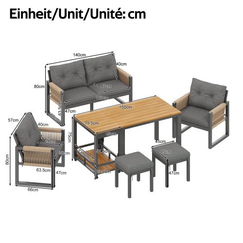 Ensemble Meuble De Jardin-structure En Fer-avec 1 Table Amovible-coussins D'assise Inclus-gris