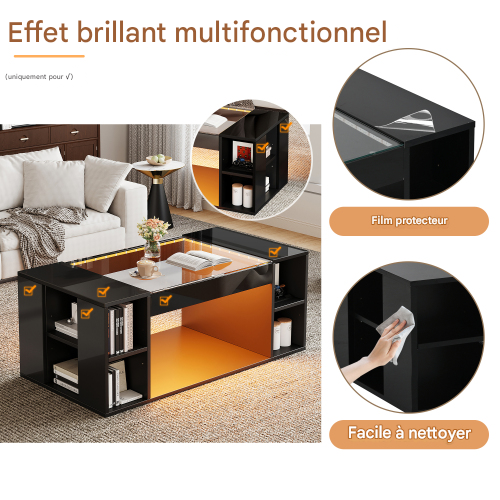 Table Basse Centrale Ajourée-avec Plateau En Verre Trempé-table D'appoint Laquée Brillante-noir