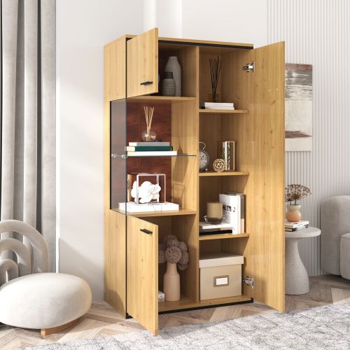 Vitrine LED -meuble Haut 150cm-porte Vitrée-grand Espace De Rangement-étagère En Verre-naturel