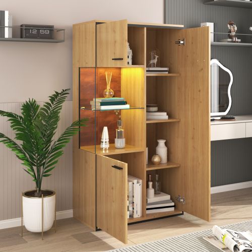 Vitrine LED -meuble Haut 150cm-porte Vitrée-grand Espace De Rangement-étagère En Verre-naturel