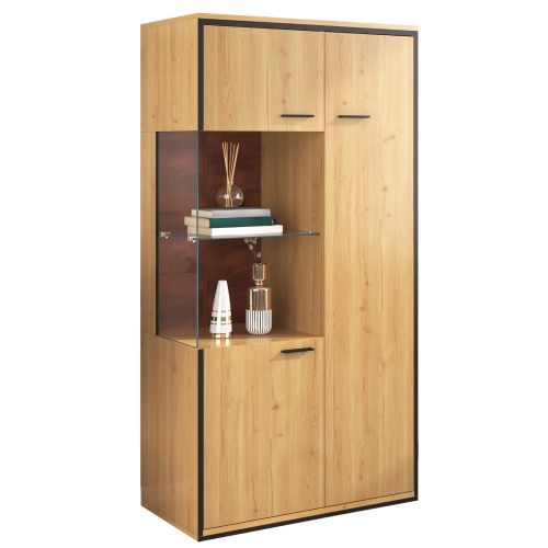 Vitrine LED -meuble Haut 150cm-porte Vitrée-grand Espace De Rangement-étagère En Verre-naturel