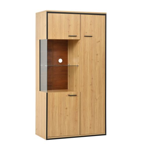 Vitrine LED -meuble Haut 150cm-porte Vitrée-grand Espace De Rangement-étagère En Verre-naturel