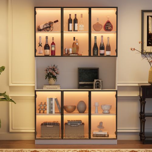 Vitrine LED H200cm-armoire Autoportant à 6 Portes-espace De Rangement Ouvert-en Verre-blanc