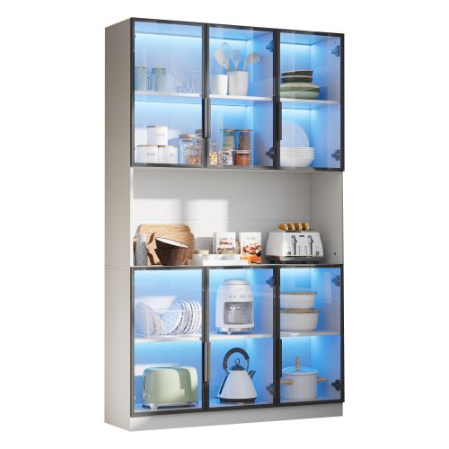 Vitrine LED H200cm-armoire Autoportant à 6 Portes-espace De Rangement Ouvert-en Verre-blanc
