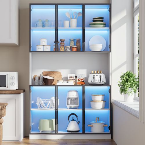 Vitrine LED H200cm-armoire Autoportant à 6 Portes-espace De Rangement Ouvert-en Verre-blanc