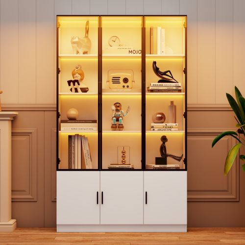 Vitrine à 6 Portes-meuble Haut 200cm-en Verre Avec Éclairage LED-meuble De Salon-blanc