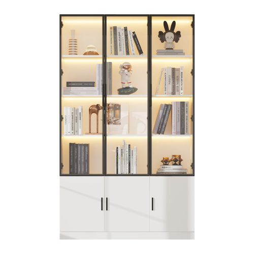 Vitrine à 6 Portes-meuble Haut 200cm-en Verre Avec Éclairage LED-meuble De Salon-blanc