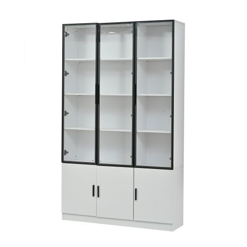 Vitrine à 6 Portes-meuble Haut 200cm-en Verre Avec Éclairage LED-meuble De Salon-blanc