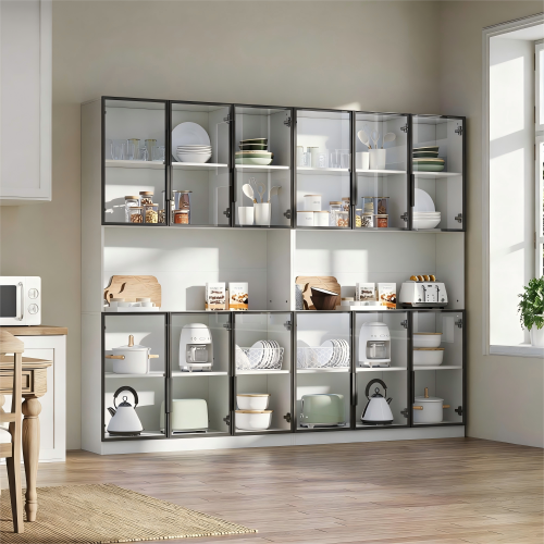 Vitrine LED H200cm-armoire Autoportant à 12 Portes-2 Pieces-espace De Rangement-en Verre-blanc