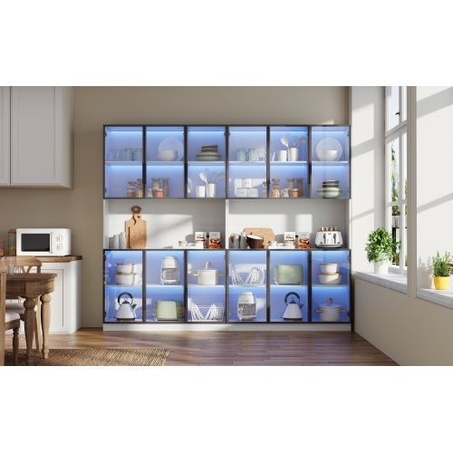 Vitrine LED H200cm-armoire Autoportant à 12 Portes-2 Pieces-espace De Rangement-en Verre-blanc