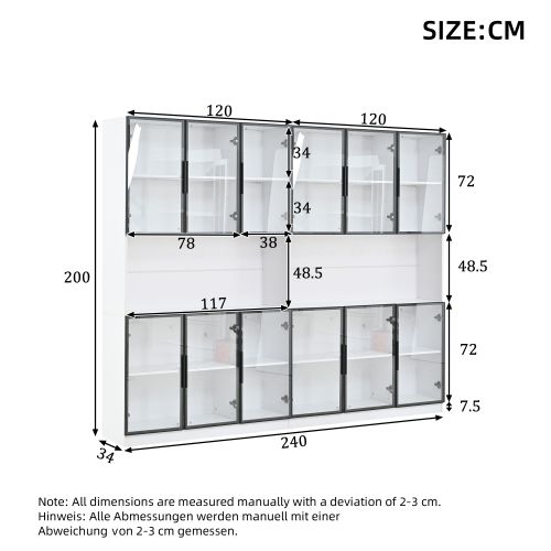 Vitrine LED H200cm-armoire Autoportant à 12 Portes-2 Pieces-espace De Rangement-en Verre-blanc