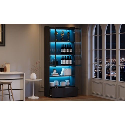 Vitrine Avec 1 Tiroir Et Portes Vitrées-meuble Haut 180cm-meuble De Salon Avec Éclairage LED-noir
