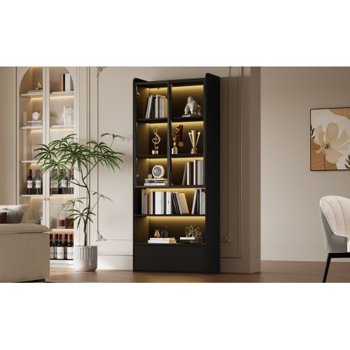 Vitrine Avec 1 Tiroir Et Portes Vitrées-meuble Haut 180cm-meuble De Salon Avec Éclairage LED-noir