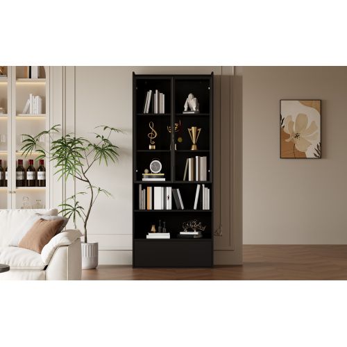 Vitrine Avec 1 Tiroir Et Portes Vitrées-meuble Haut 180cm-meuble De Salon Avec Éclairage LED-noir