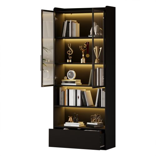Vitrine Avec 1 Tiroir Et Portes Vitrées-meuble Haut 180cm-meuble De Salon Avec Éclairage LED-noir