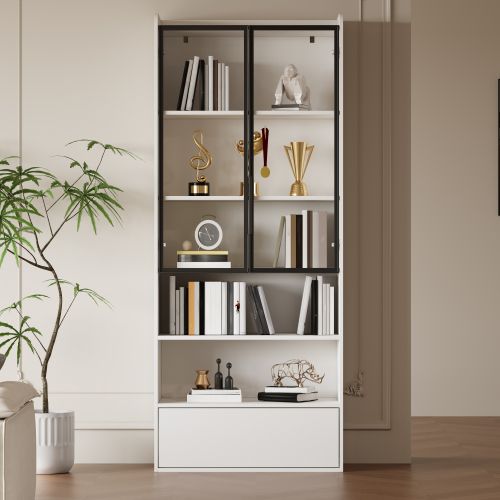 Vitrine Avec 1 Tiroir Et Portes Vitrées-meuble Haut 180cm-meuble De Salon Avec Éclairage LED-blanc
