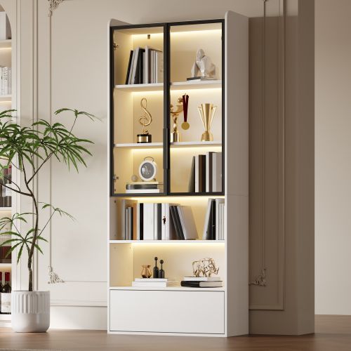 Vitrine Avec 1 Tiroir Et Portes Vitrées-meuble Haut 180cm-meuble De Salon Avec Éclairage LED-blanc
